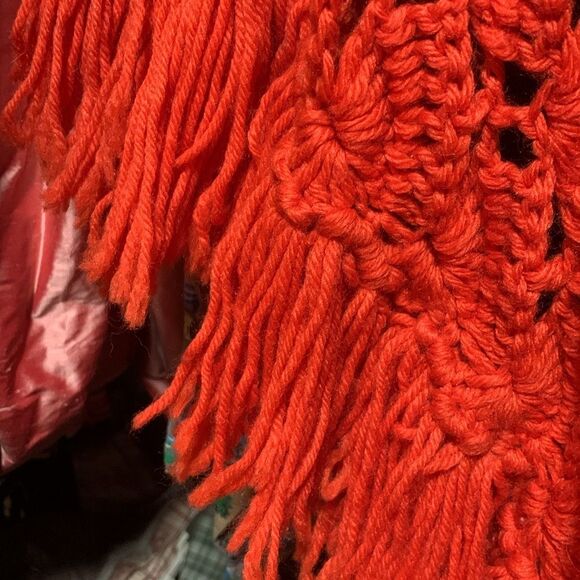 Orange Red Crochet Knit Fringe Shawl Sweater Blanket Wrap Cape One Size - Picture 6 of 7